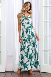 Vestido largo con estampado de palmeras y tirantes finos